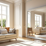 A brightly lit living room during the day, sunlight streaming in through a window and reflecting off a strategically placed mirror. The walls are painted in light, neutral colors, and the furniture is arranged to maximize natural light. Emphasize the spacious and inviting feel of the room.