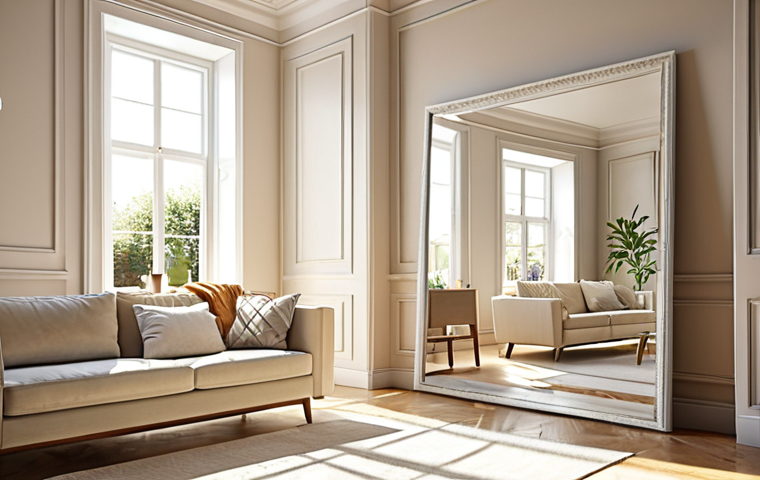A brightly lit living room during the day, sunlight streaming in through a window and reflecting off a strategically placed mirror. The walls are painted in light, neutral colors, and the furniture is arranged to maximize natural light. Emphasize the spacious and inviting feel of the room.