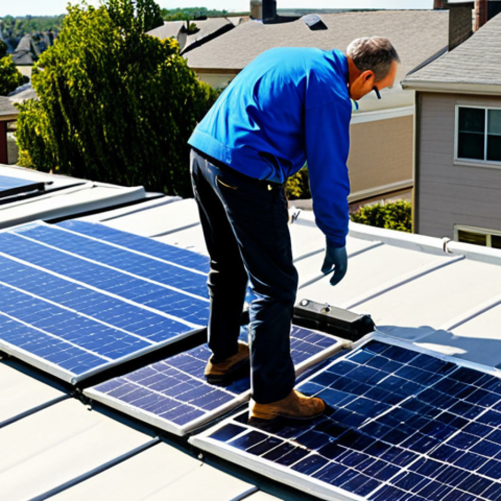 Solar Panel Installation**

"A residential rooftop with newly installed solar panels, fully clothed technician in appropriate attire inspecting the system, sunny day, family-friendly neighborhood, safe for work, appropriate content, perfect anatomy, natural proportions, professional photograph, high quality, modest."

**
