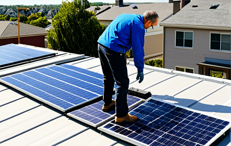 Solar Panel Installation**
"A residential rooftop with newly installed solar panels, fully clothed technician in appropriate attire inspecting the system, sunny day, family-friendly neighborhood, safe for work, appropriate content, perfect anatomy, natural proportions, professional photograph, high quality, modest."
**
