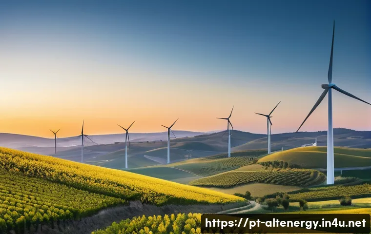 풍력 에너지 비용 - **Prompt:** A breathtaking panoramic view of a modern onshore wind farm in Portugal, specifically ca...