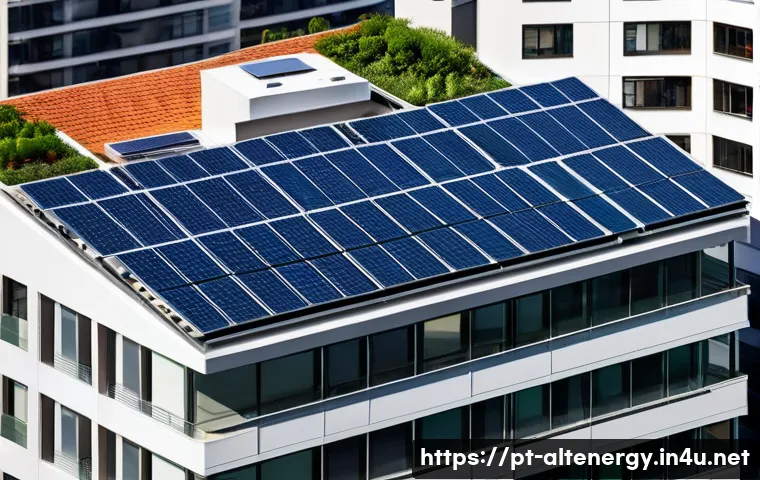 대체에너지 기술 혁신 예측 - A modern urban rooftop scene in São Paulo featuring compact, flexible tandem solar panels integrated...