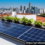Home 22 대체에너지와 수자원 - A modern Brazilian urban rooftop featuring an advanced solar panel array under a bright sunny sky, w...