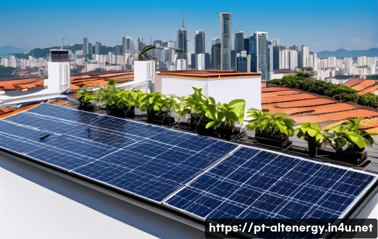 대체에너지와 수자원 - A modern Brazilian urban rooftop featuring an advanced solar panel array under a bright sunny sky, w...