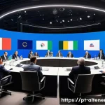 Home 21 대체에너지 관련 국제 규제 - A diverse international summit scene showcasing world leaders and environmental experts gathered aro...