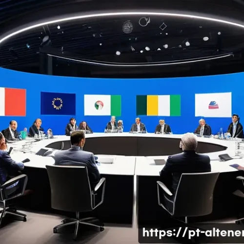 Home 33 대체에너지 관련 국제 규제 - A diverse international summit scene showcasing world leaders and environmental experts gathered aro...