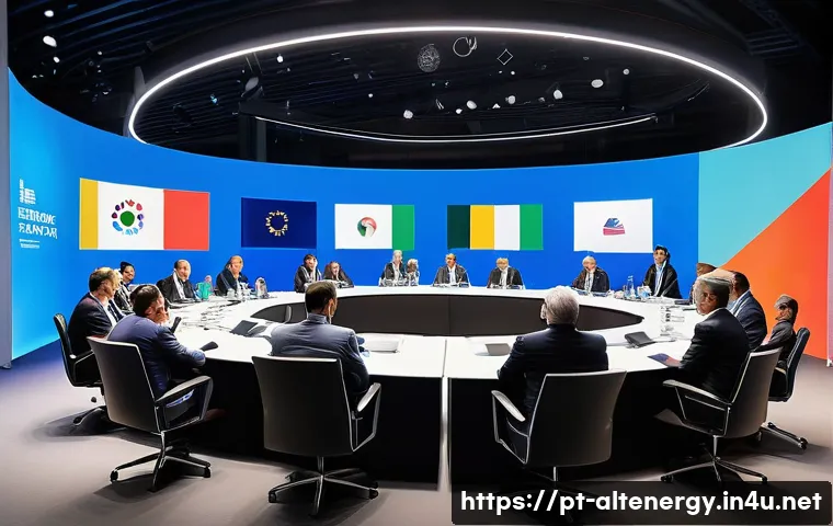 대체에너지 관련 국제 규제 - A diverse international summit scene showcasing world leaders and environmental experts gathered aro...