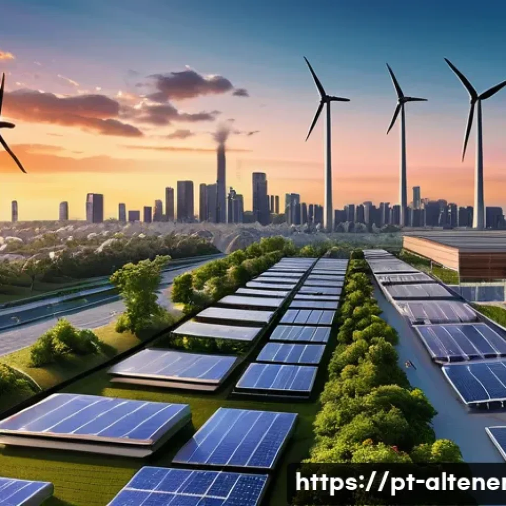 에너지 전환과 대체에너지 - A modern smart city at sunset with integrated renewable energy sources: sleek solar panels on reside...