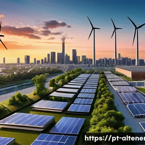 Home 32 에너지 전환과 대체에너지 - A modern smart city at sunset with integrated renewable energy sources: sleek solar panels on reside...
