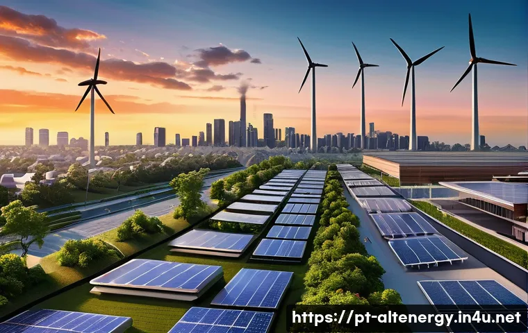 에너지 전환과 대체에너지 - A modern smart city at sunset with integrated renewable energy sources: sleek solar panels on reside...