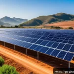 Home 19 대체에너지 기술의 한계 - A vibrant solar photovoltaic farm in the Brazilian Northeast at sunrise, showcasing rows of blue sol...