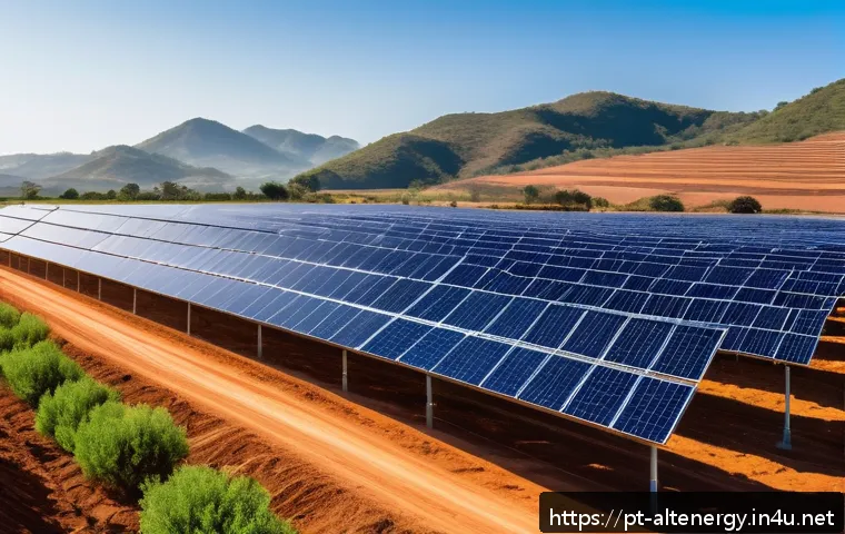 대체에너지 기술의 한계 - A vibrant solar photovoltaic farm in the Brazilian Northeast at sunrise, showcasing rows of blue sol...