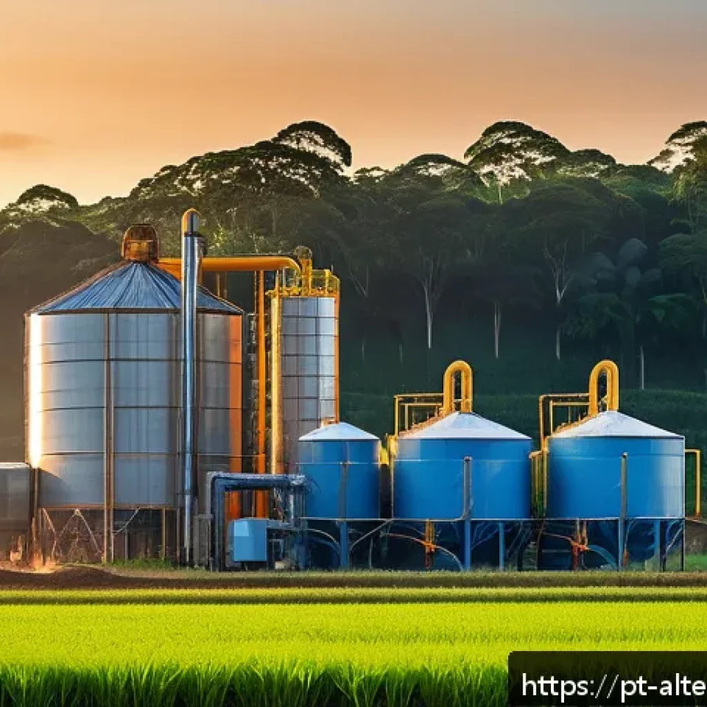 농업용 바이오매스 에너지 - A vibrant rural Brazilian farm scene at sunrise, showing a modern biomass energy plant processing ag...