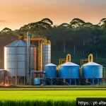 Home 18 농업용 바이오매스 에너지 - A vibrant rural Brazilian farm scene at sunrise, showing a modern biomass energy plant processing ag...