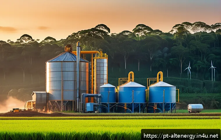 농업용 바이오매스 에너지 - A vibrant rural Brazilian farm scene at sunrise, showing a modern biomass energy plant processing ag...